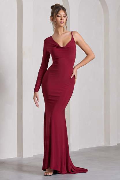 At Dusk Berry Red One-Sleeved Cowl-Neck Fishtail Maxi Dress-Fashionmomo.All Rights Reserved