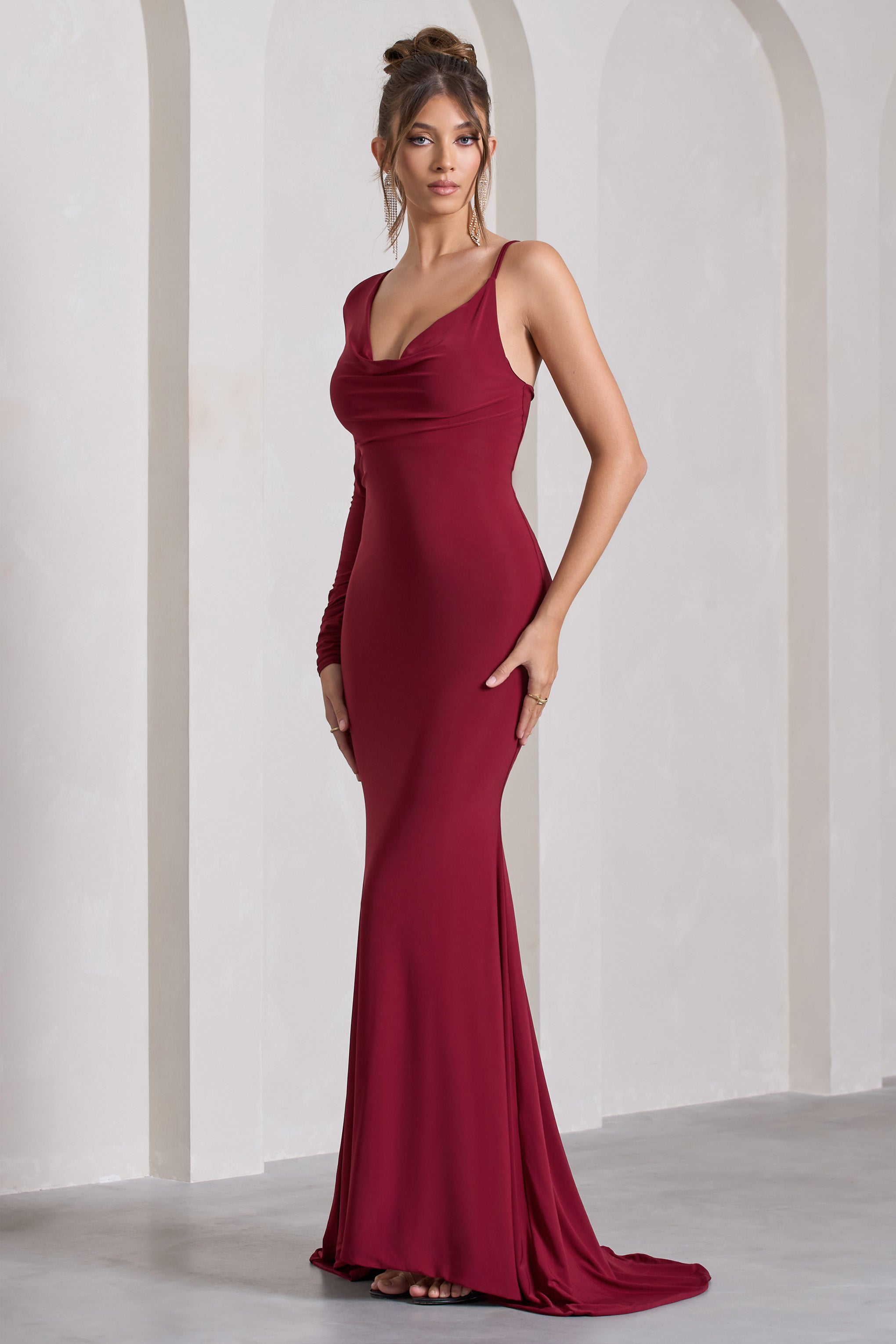 At Dusk Berry Red One-Sleeved Cowl-Neck Fishtail Maxi Dress-Fashionmomo.All Rights Reserved
