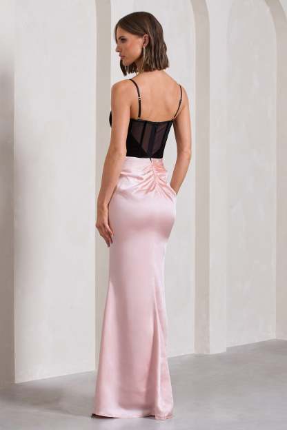Bethany Black & Pink Corseted Wrap Maxi Dress-Fashionmomo.All Rights Reserved