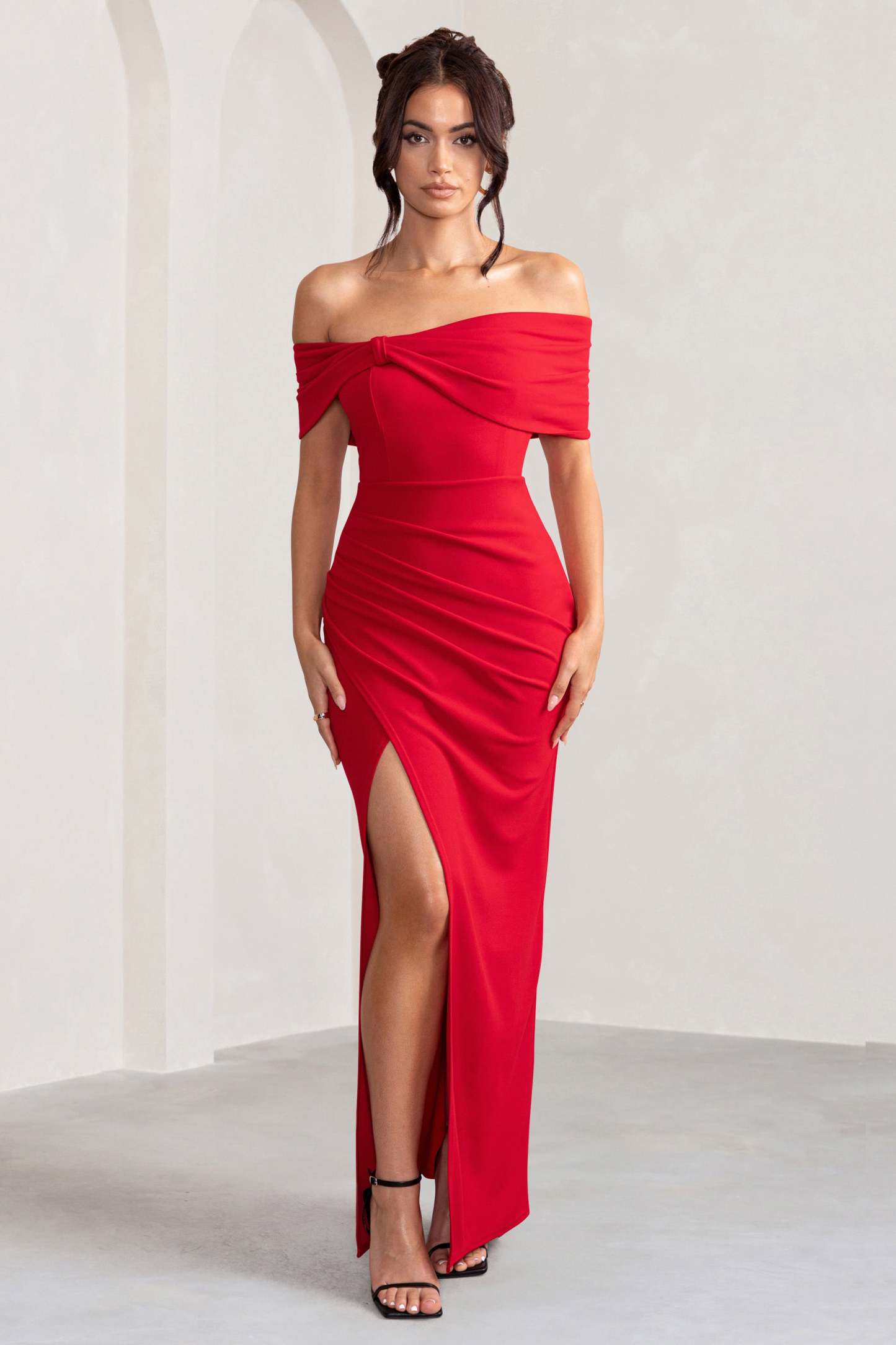 Eva Red Bardot Bow Detail Maxi Dress With Thigh Split-Fashionmomo.All Rights Reserved