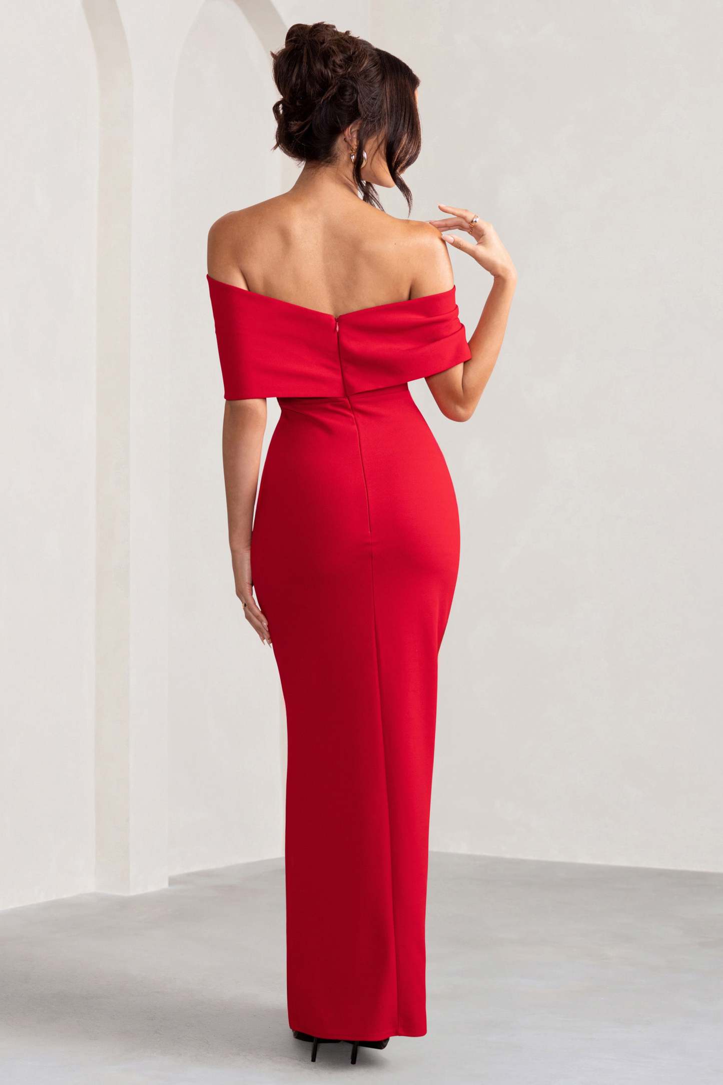 Eva Red Bardot Bow Detail Maxi Dress With Thigh Split-Fashionmomo.All Rights Reserved