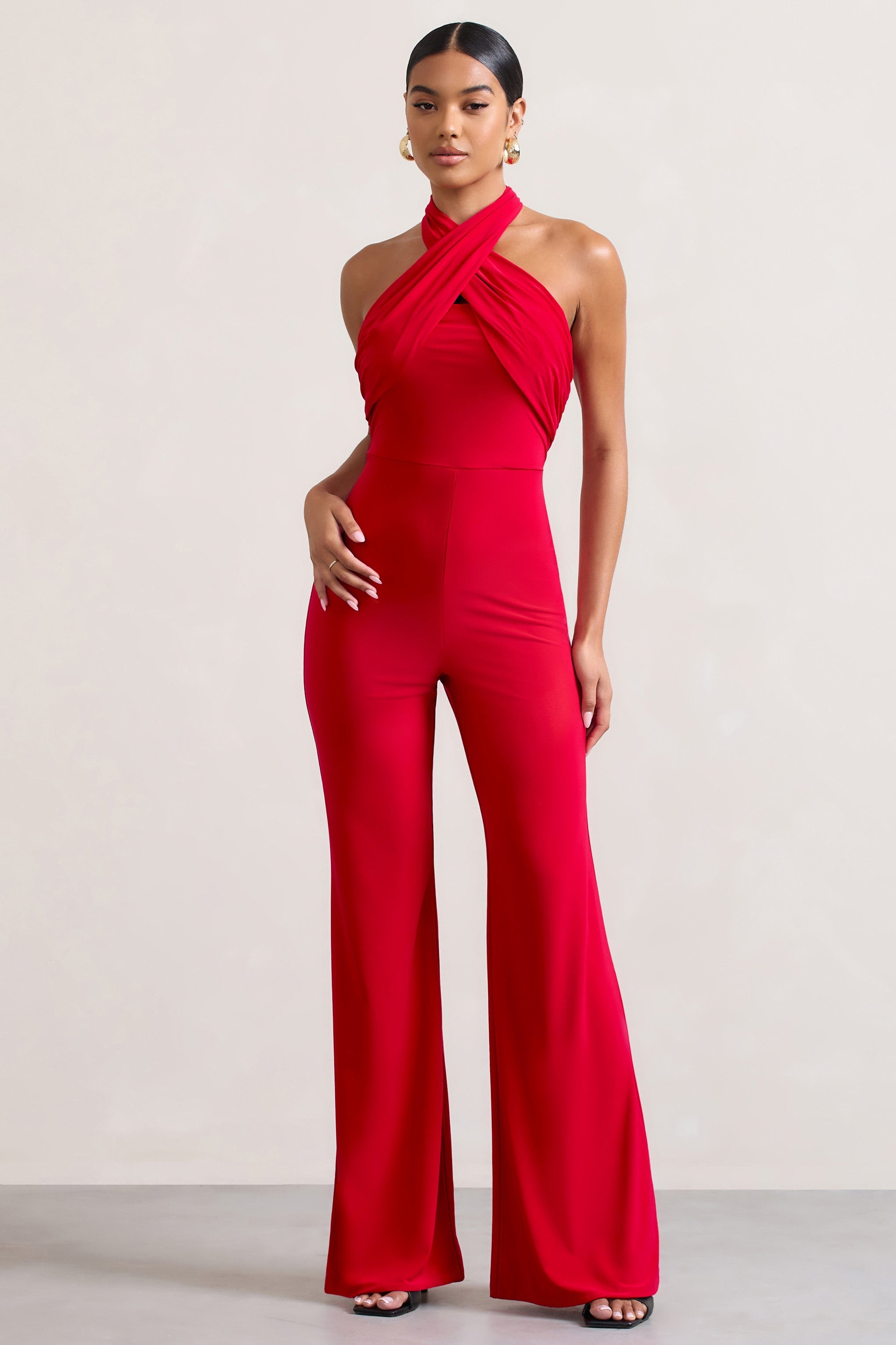 Goddess Red Halter Neck Flare Jumpsuit-Fashionmomo.All Rights Reserved