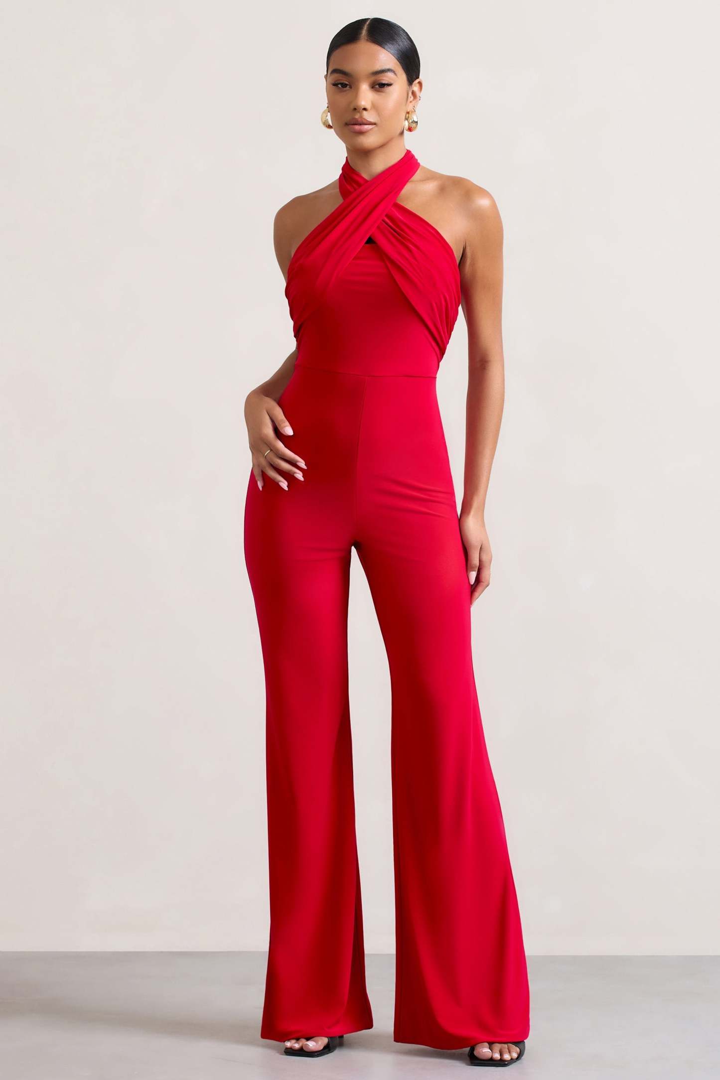 Goddess Red Halter Neck Flare Jumpsuit-Fashionmomo.All Rights Reserved