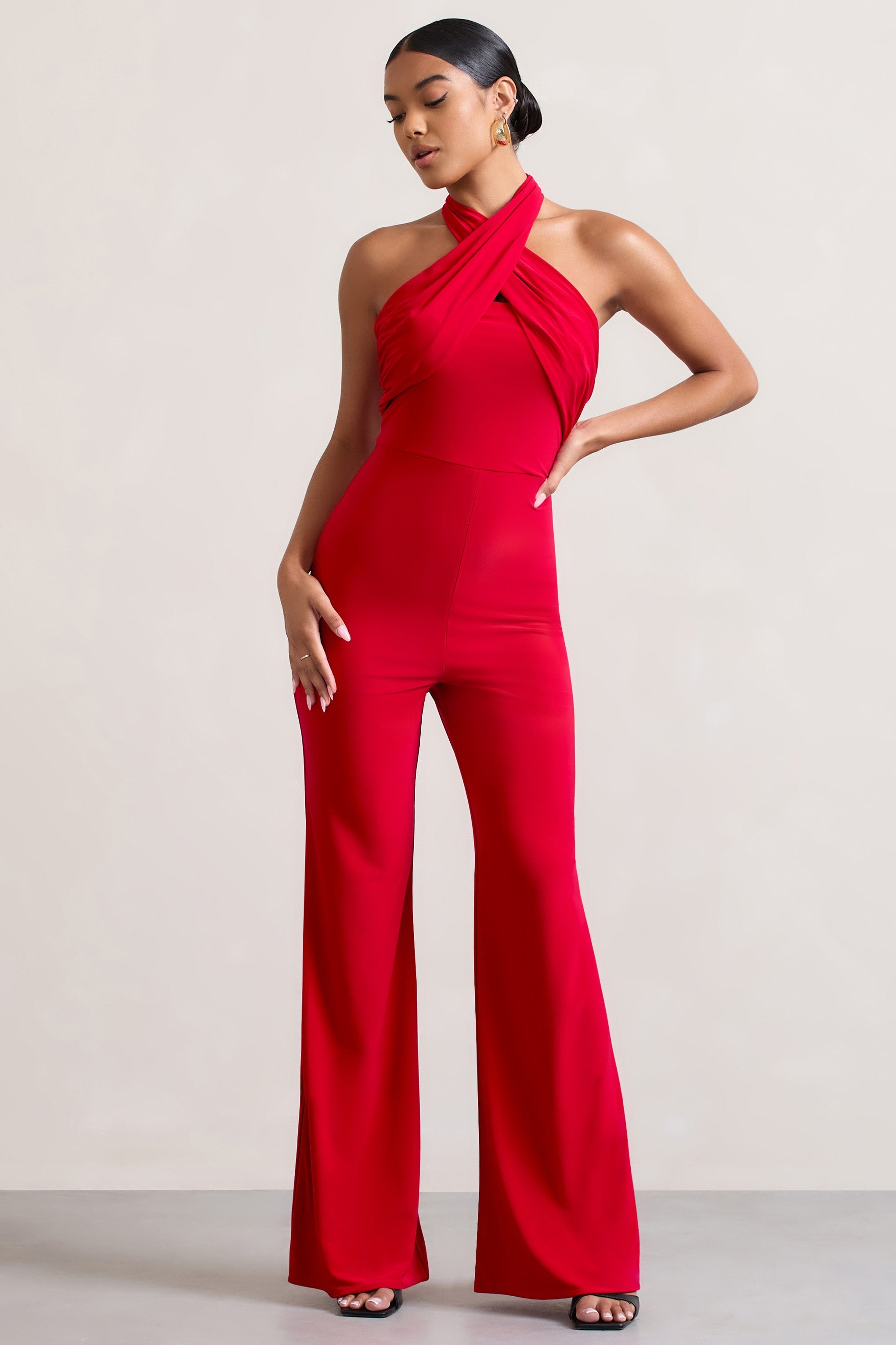 Goddess Red Halter Neck Flare Jumpsuit-Fashionmomo.All Rights Reserved