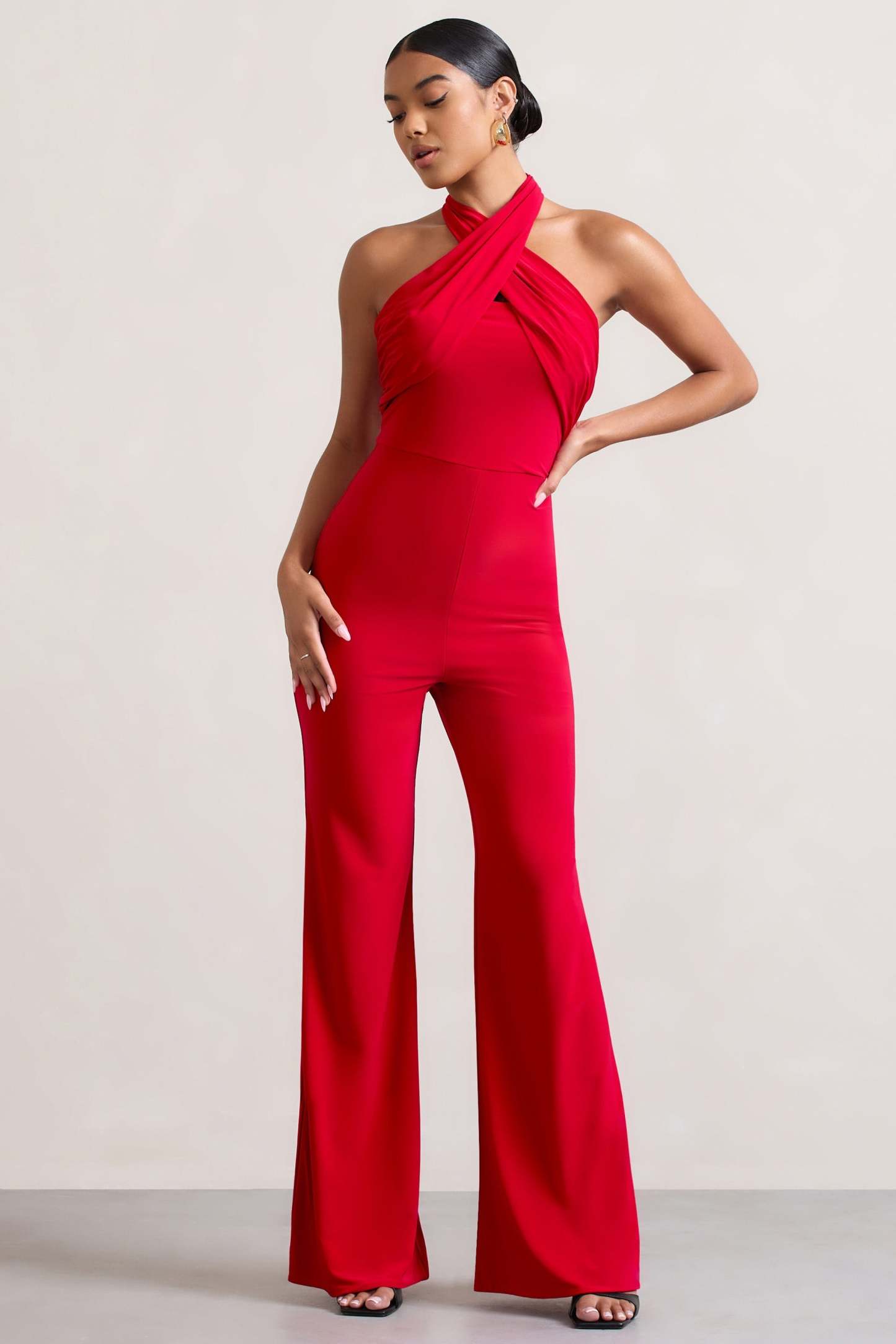 Goddess Red Halter Neck Flare Jumpsuit-Fashionmomo.All Rights Reserved