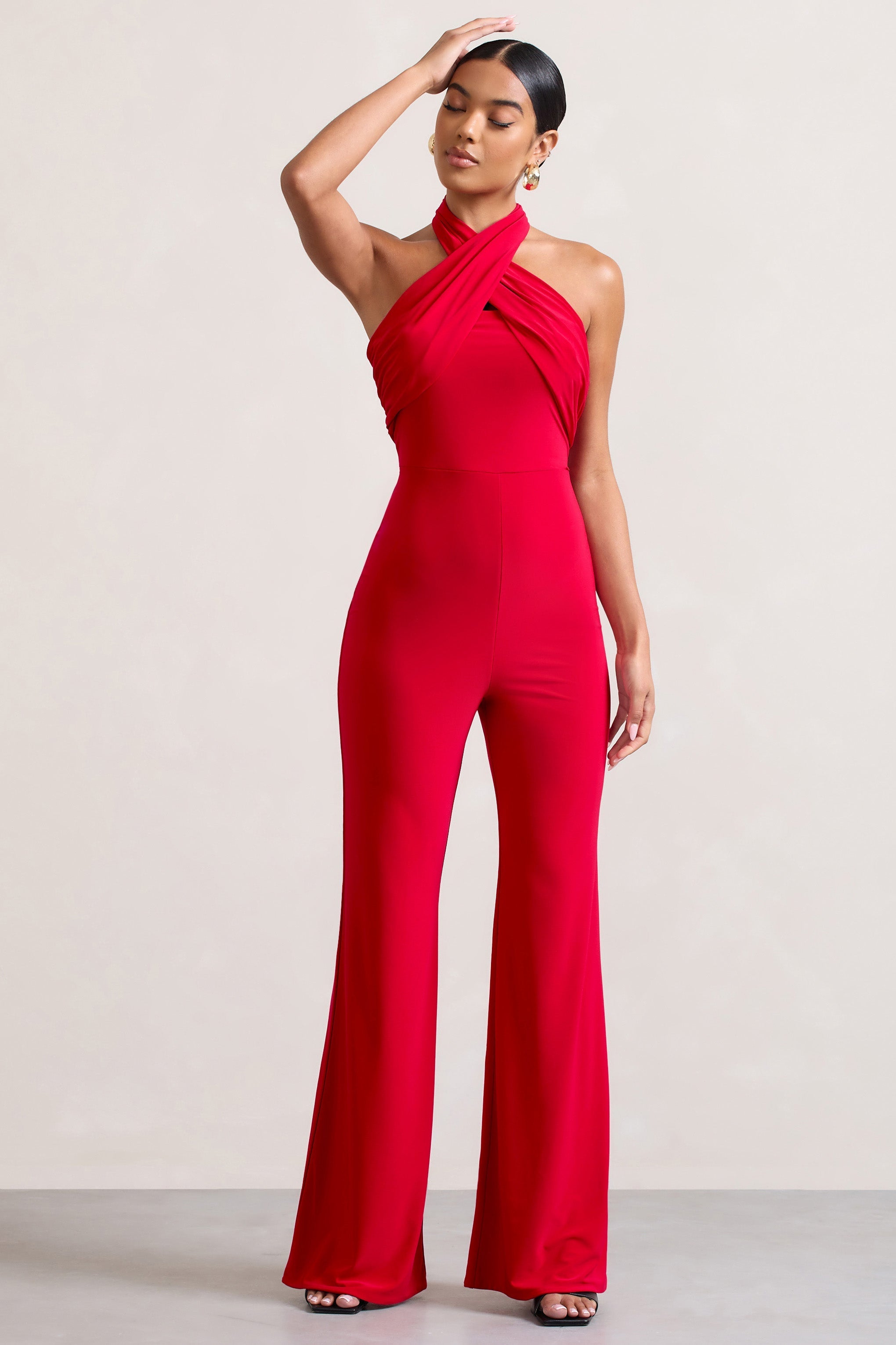 Goddess Red Halter Neck Flare Jumpsuit-Fashionmomo.All Rights Reserved