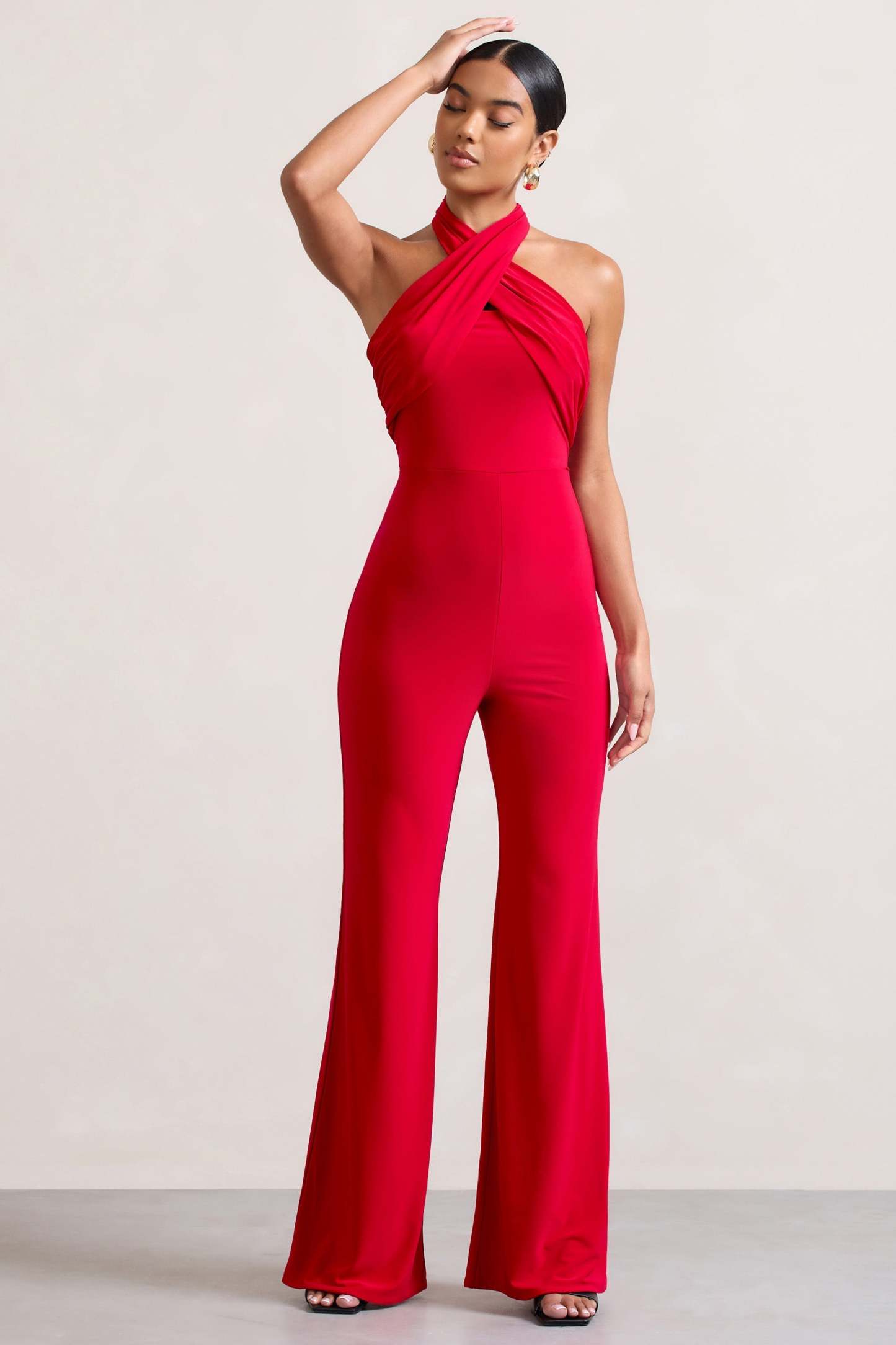 Goddess Red Halter Neck Flare Jumpsuit-Fashionmomo.All Rights Reserved