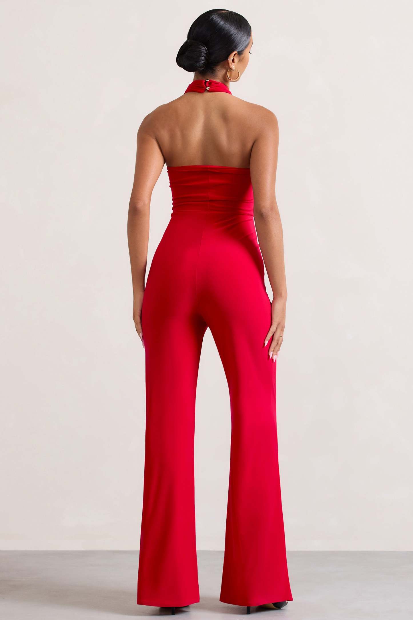 Goddess Red Halter Neck Flare Jumpsuit-Fashionmomo.All Rights Reserved