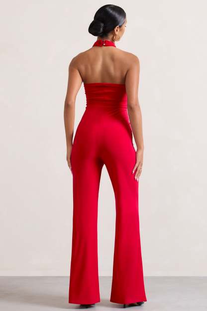 Goddess Red Halter Neck Flare Jumpsuit-Fashionmomo.All Rights Reserved