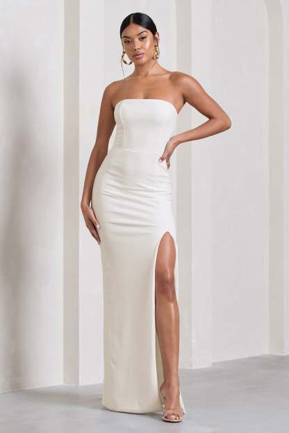 Belle of The Ball White Bandeau Maxi Dress With Split Hem-Fashionmomo.All Rights Reserved