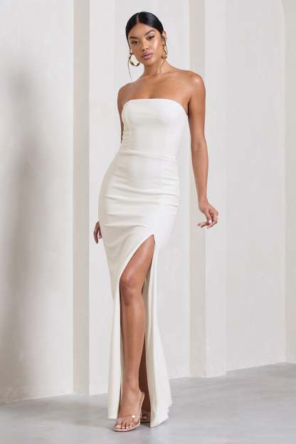 Belle of The Ball White Bandeau Maxi Dress With Split Hem-Fashionmomo.All Rights Reserved