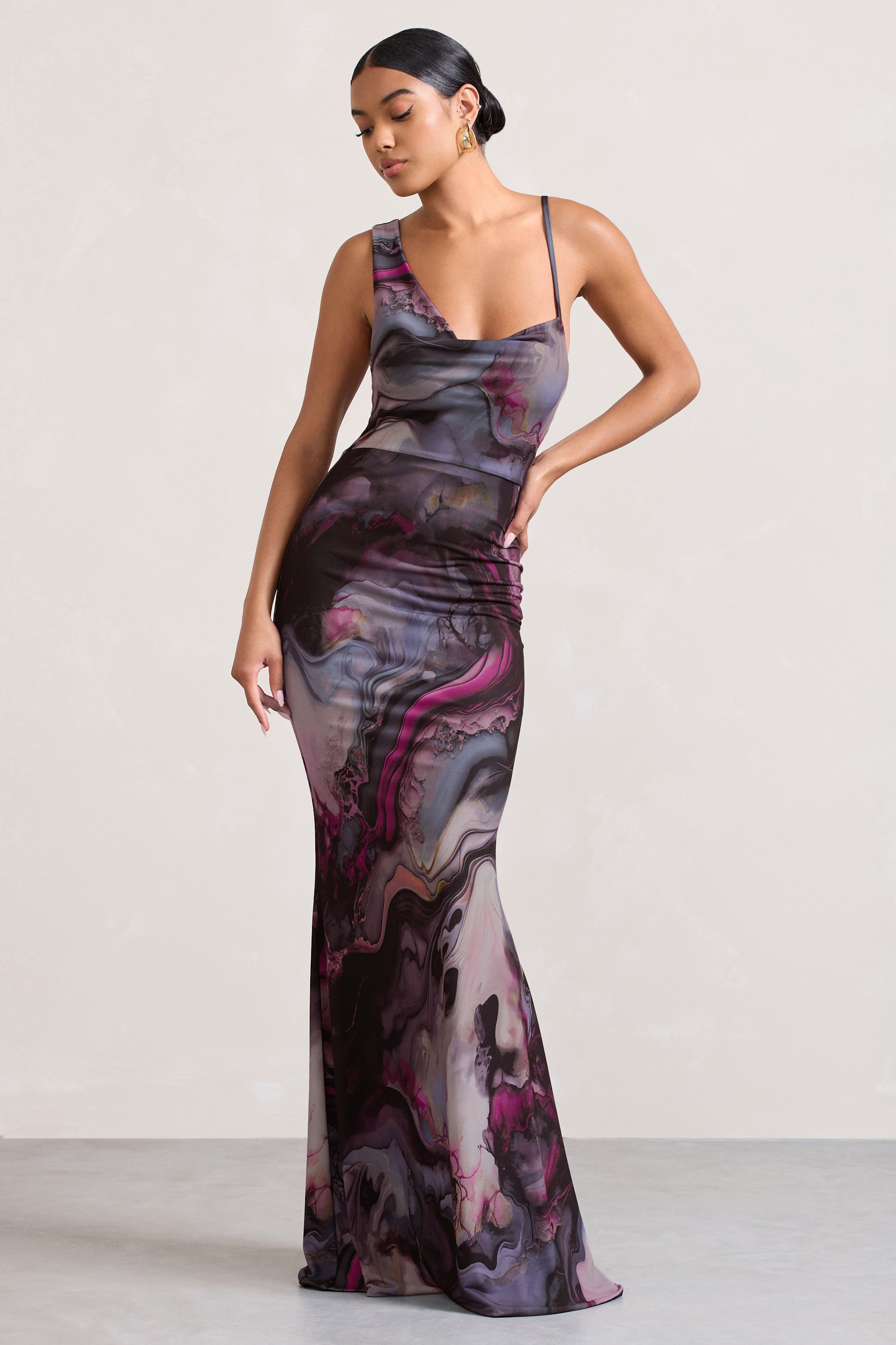 Phantasy Marble Print Asymmetric Neckline Cowl Maxi Dress-Fashionmomo.All Rights Reserved