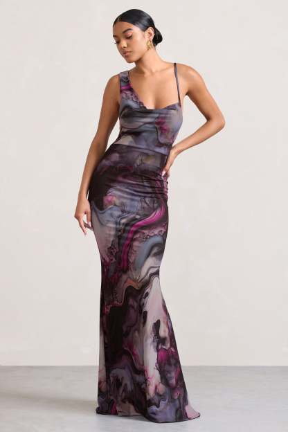 Phantasy Marble Print Asymmetric Neckline Cowl Maxi Dress-Fashionmomo.All Rights Reserved