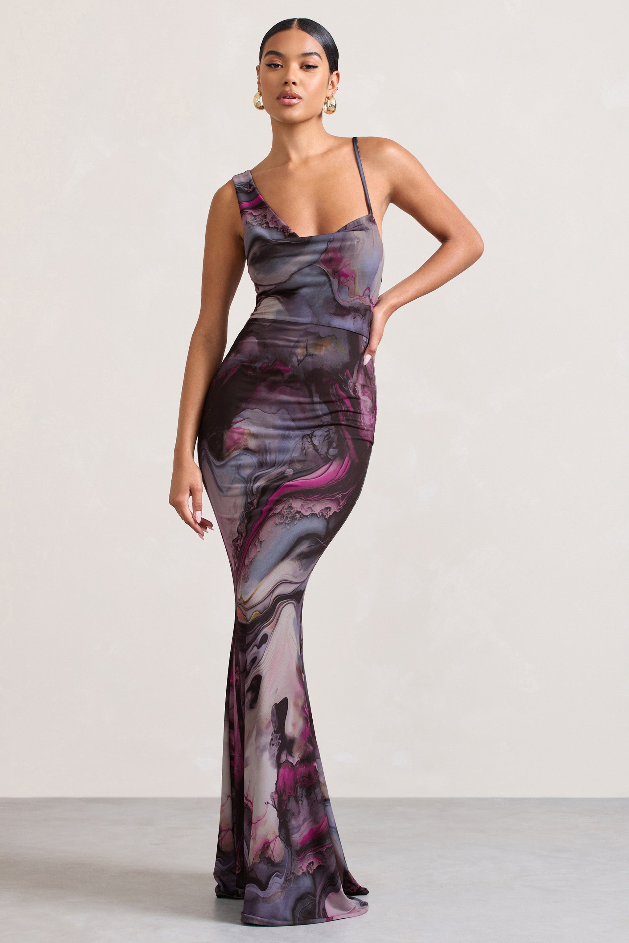 Phantasy Marble Print Asymmetric Neckline Cowl Maxi Dress-Fashionmomo.All Rights Reserved