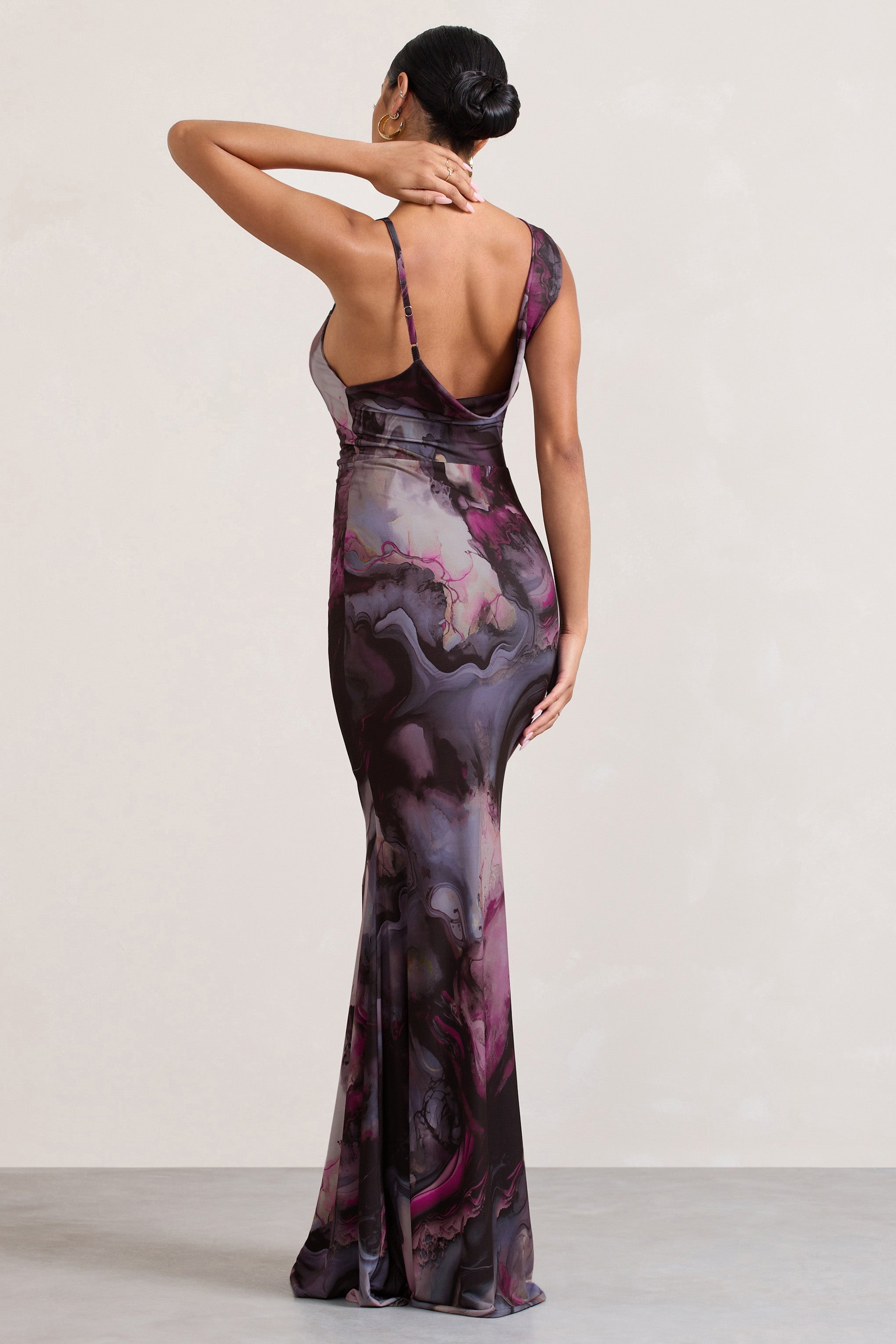 Phantasy Marble Print Asymmetric Neckline Cowl Maxi Dress-Fashionmomo.All Rights Reserved