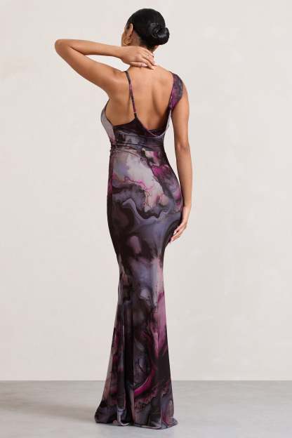 Phantasy Marble Print Asymmetric Neckline Cowl Maxi Dress-Fashionmomo.All Rights Reserved