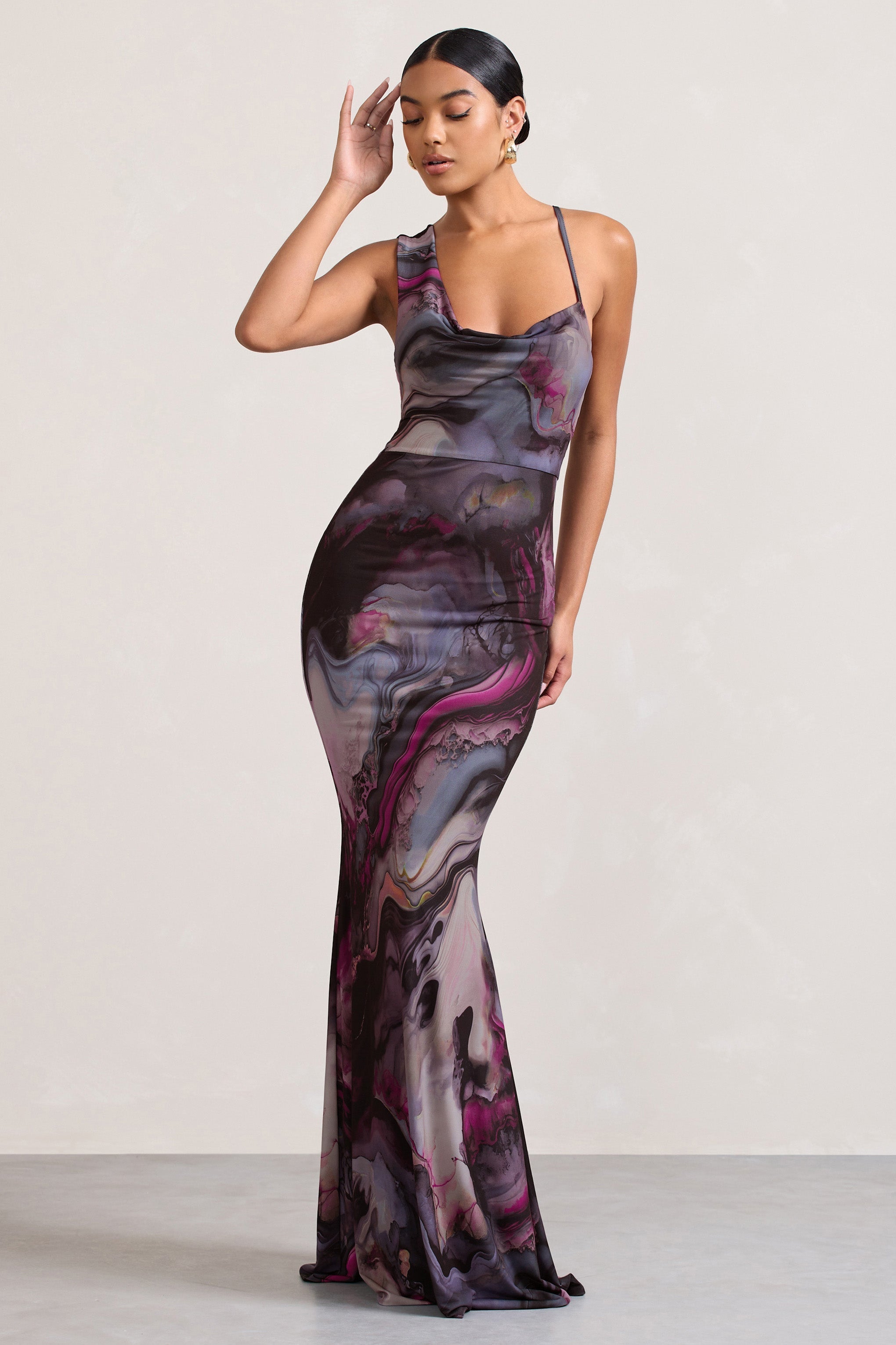 Phantasy Marble Print Asymmetric Neckline Cowl Maxi Dress-Fashionmomo.All Rights Reserved