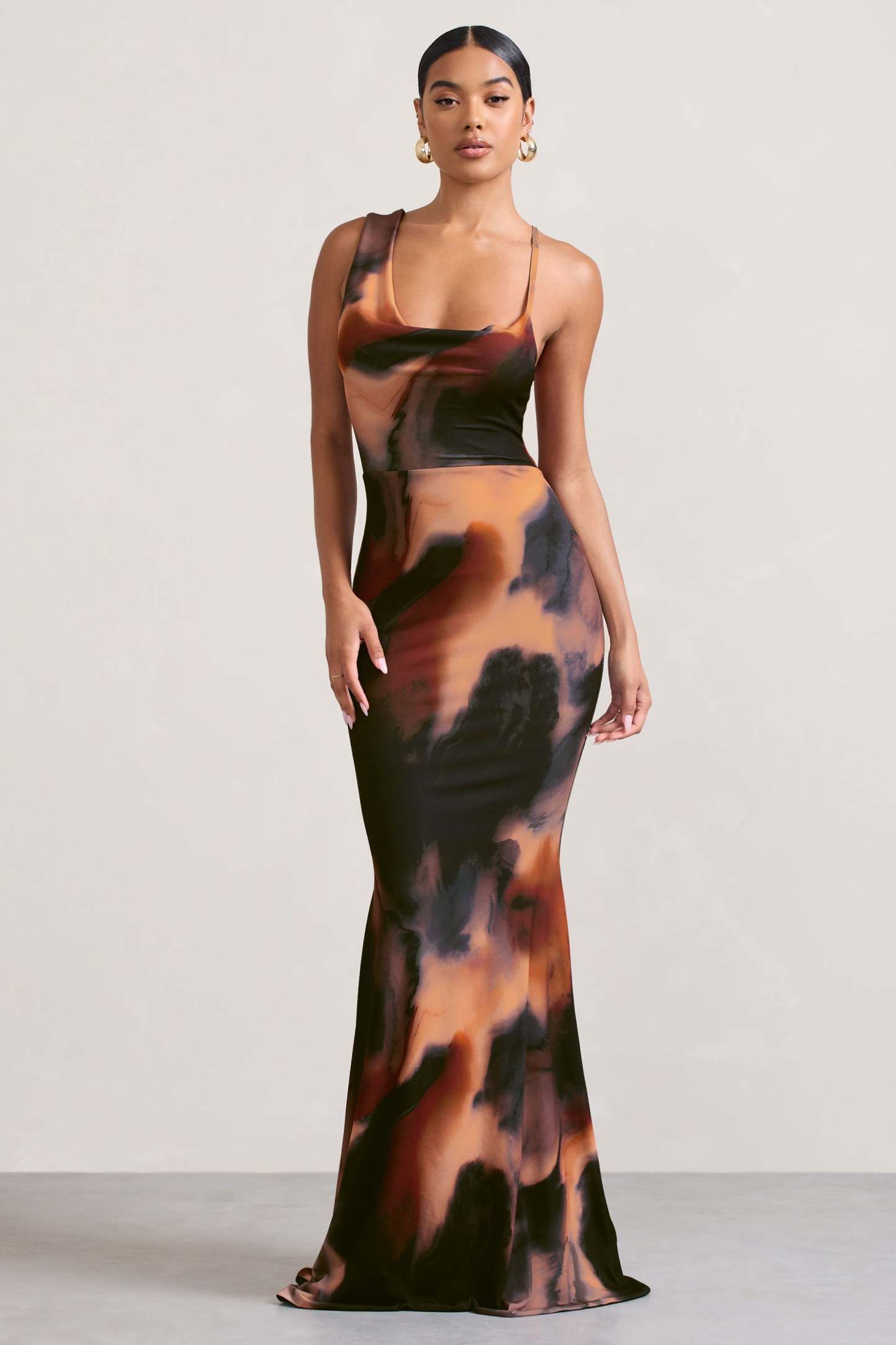 Phantasy Orange Smoke Print Asymmetric Neckline Cowl Maxi Dress-Fashionmomo.All Rights Reserved