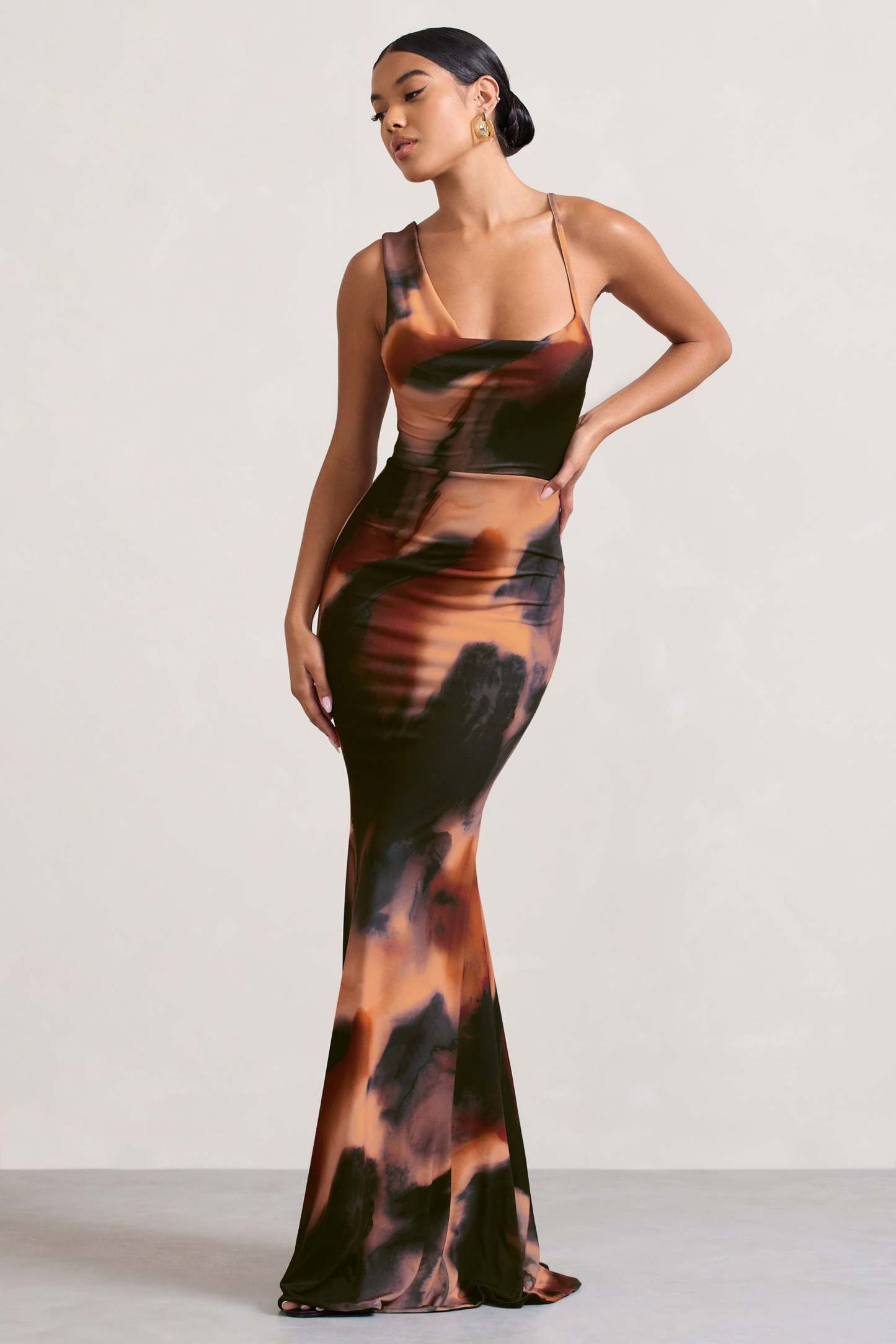 Phantasy Orange Smoke Print Asymmetric Neckline Cowl Maxi Dress-Fashionmomo.All Rights Reserved