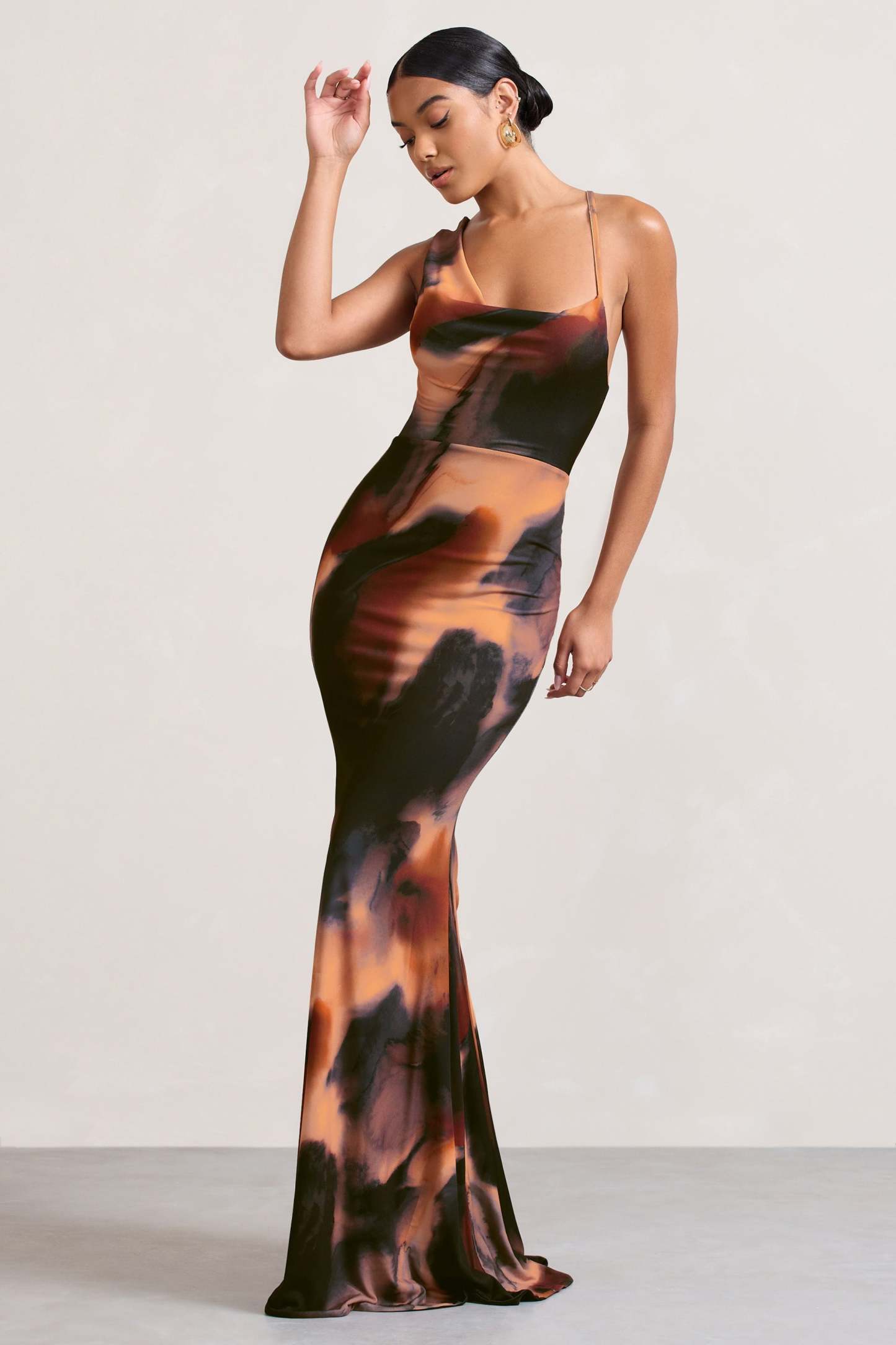 Phantasy Orange Smoke Print Asymmetric Neckline Cowl Maxi Dress-Fashionmomo.All Rights Reserved