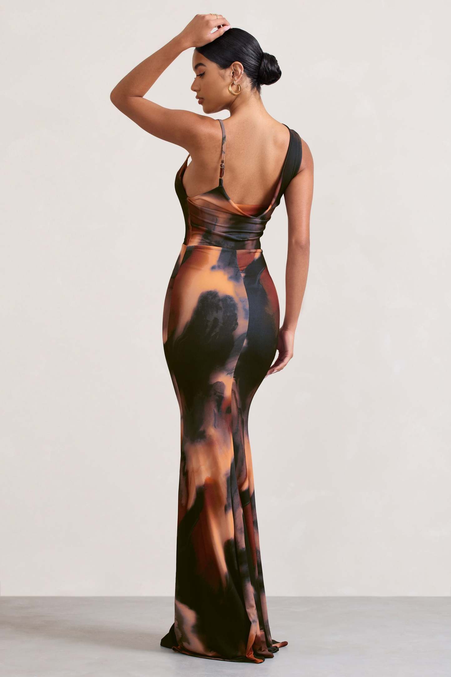 Phantasy Orange Smoke Print Asymmetric Neckline Cowl Maxi Dress-Fashionmomo.All Rights Reserved
