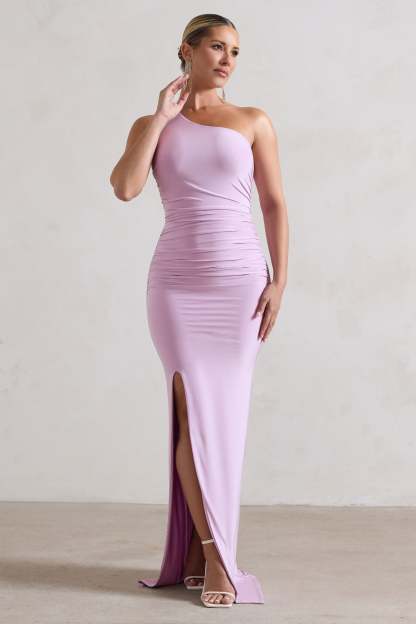 Ethereal Lilac One Shoulder Ruched Split Maxi Dress-Fashionmomo.All Rights Reserved