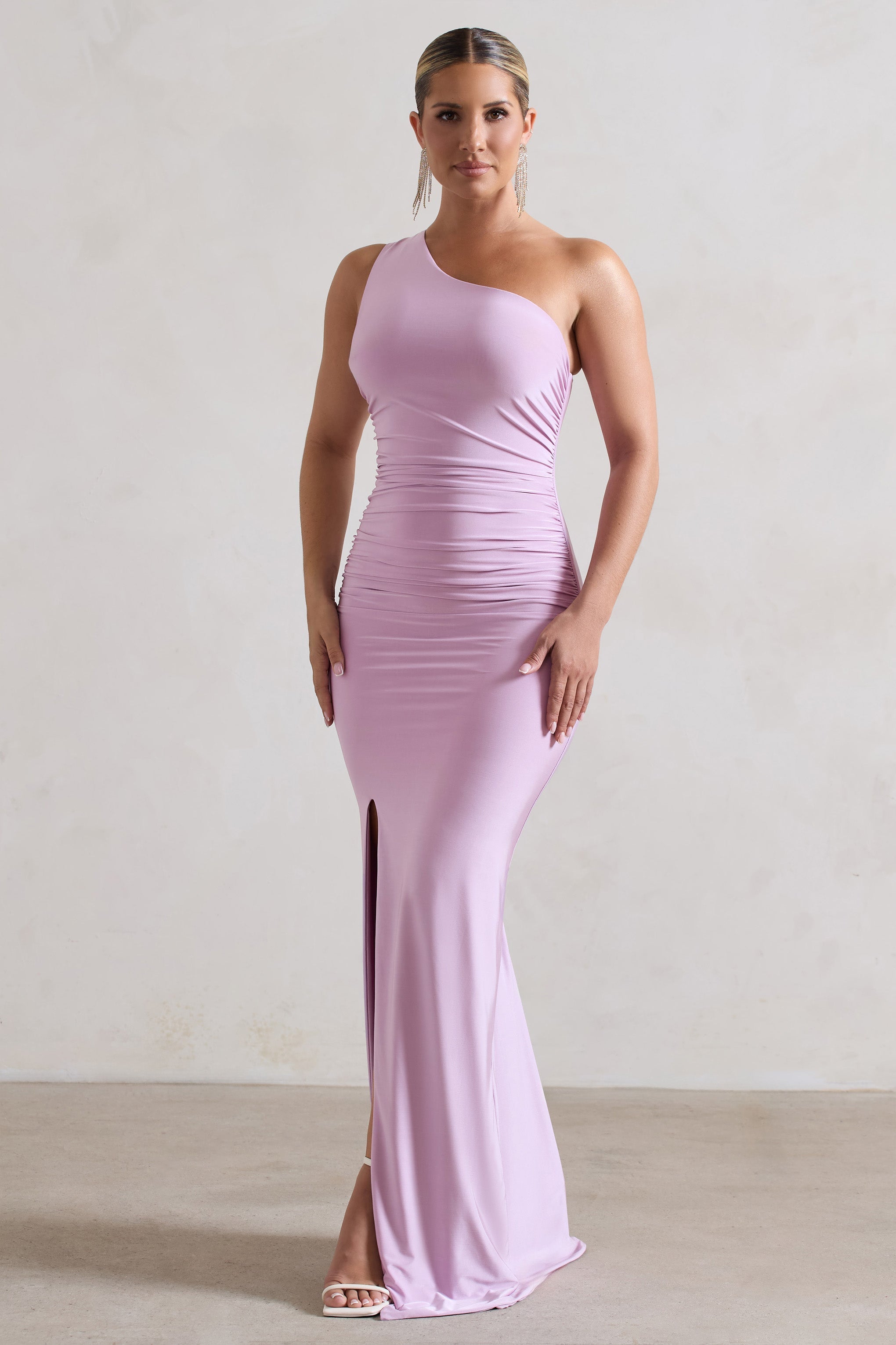 Ethereal Lilac One Shoulder Ruched Split Maxi Dress-Fashionmomo.All Rights Reserved