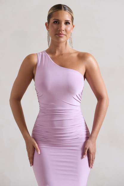 Ethereal Lilac One Shoulder Ruched Split Maxi Dress-Fashionmomo.All Rights Reserved
