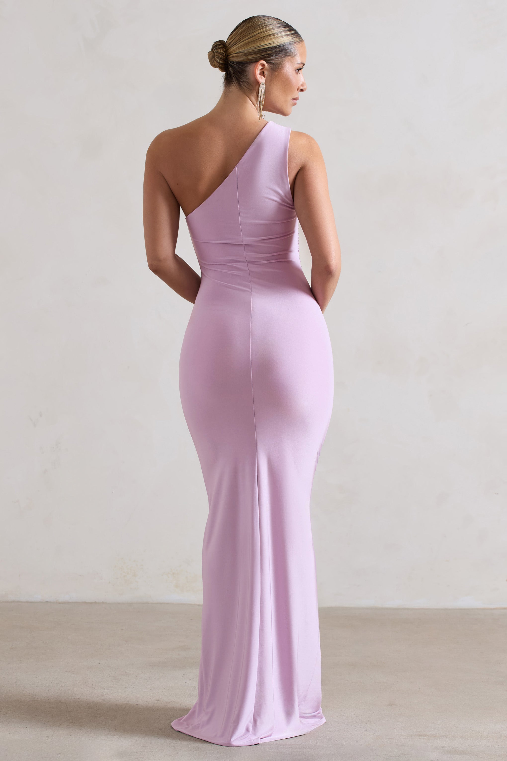 Ethereal Lilac One Shoulder Ruched Split Maxi Dress-Fashionmomo.All Rights Reserved