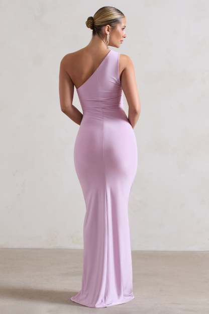 Ethereal Lilac One Shoulder Ruched Split Maxi Dress-Fashionmomo.All Rights Reserved