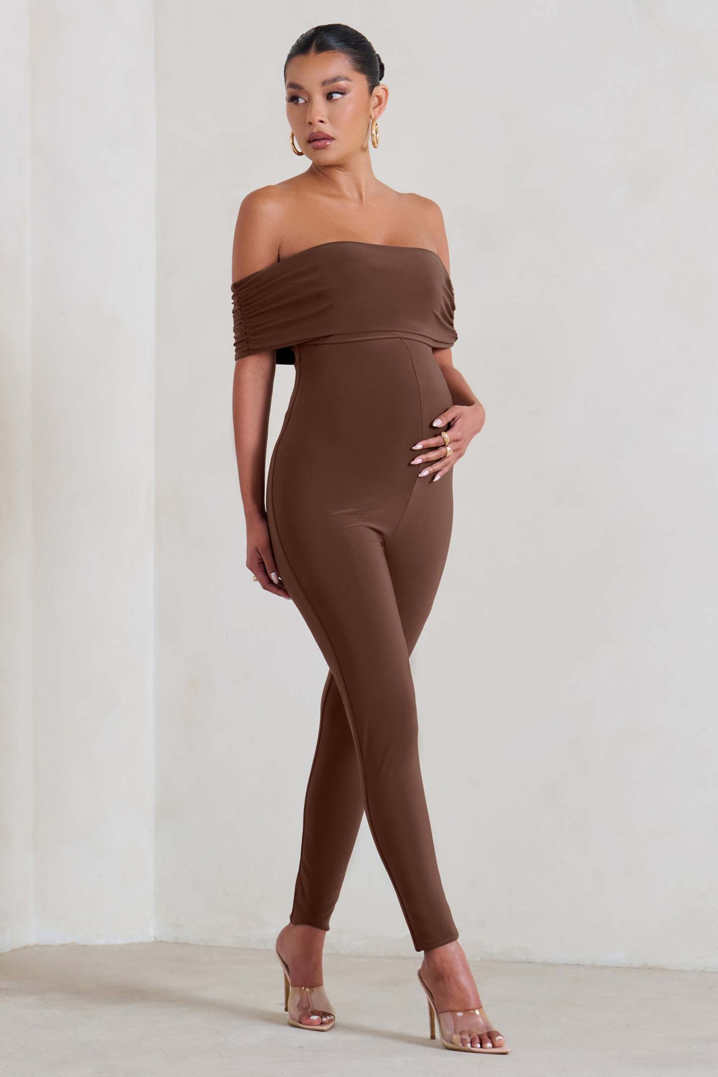 Carefully Crafted Chocolate Maternity Bardot Fitted Jumpsuit-Fashionmomo.All Rights Reserved