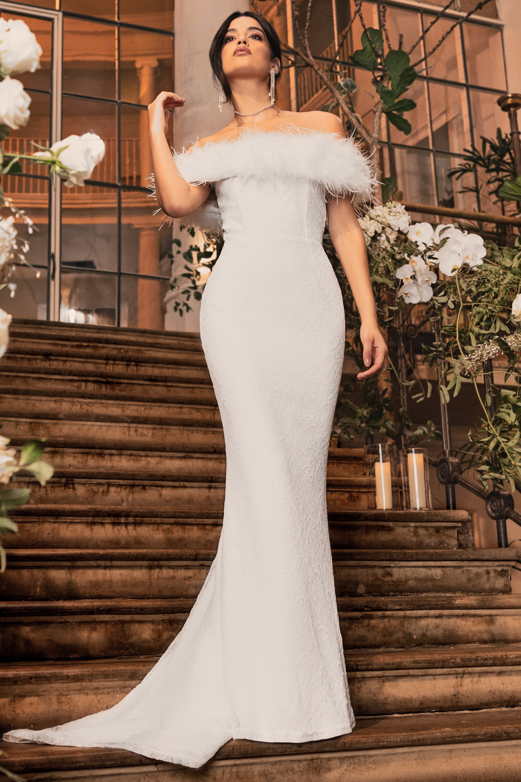 Idyll White Lace Bardot Feather Fishtail Maxi Dress-Fashionmomo.All Rights Reserved