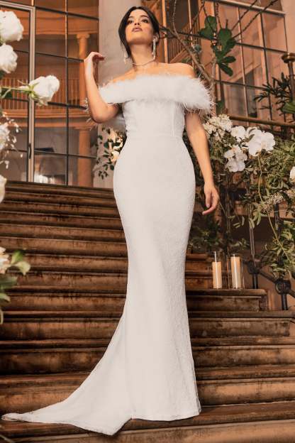 Idyll White Lace Bardot Feather Fishtail Maxi Dress-Fashionmomo.All Rights Reserved