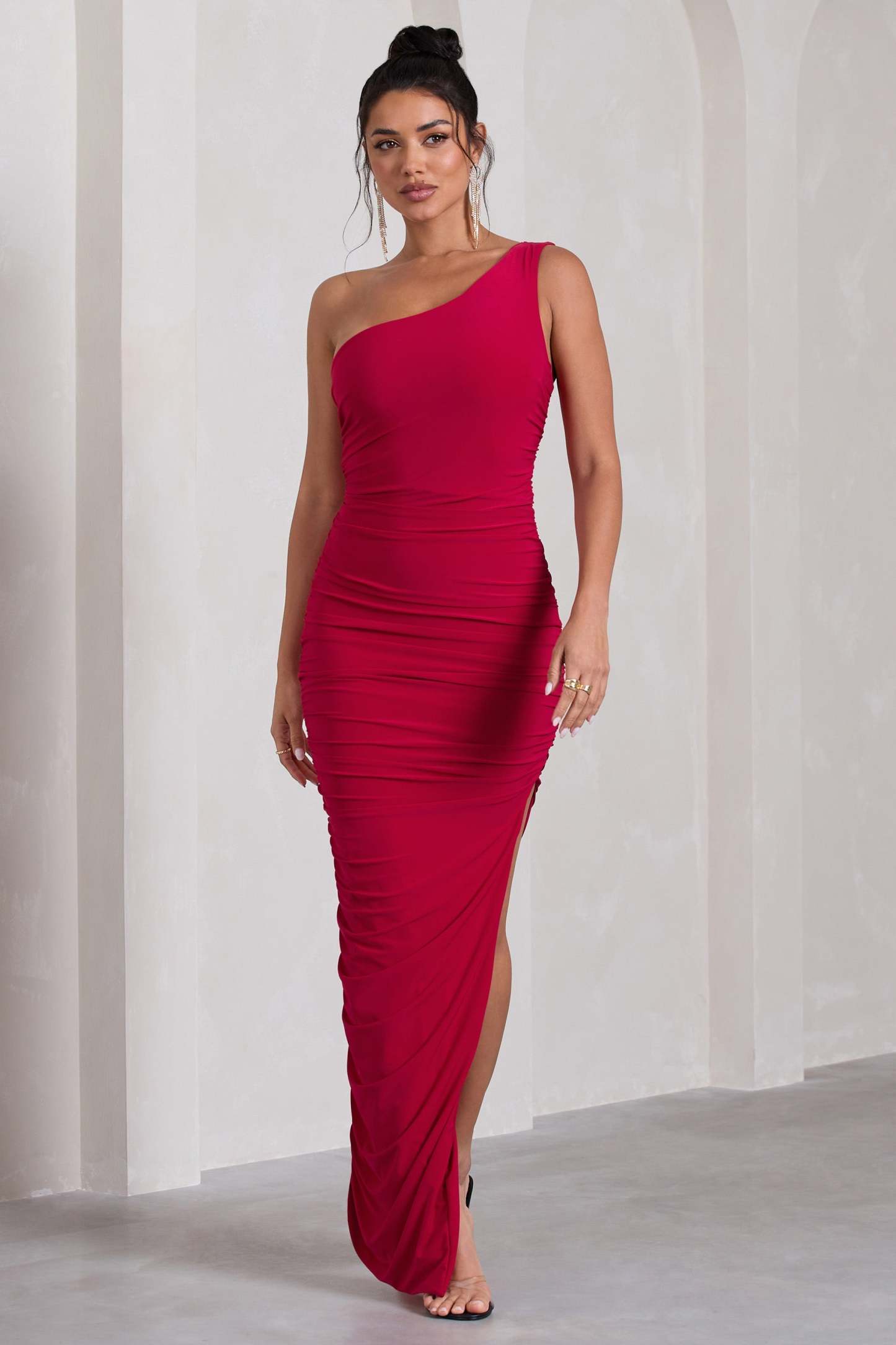 Persia Red One Shoulder Side Split Ruched Maxi Dress-Fashionmomo.All Rights Reserved