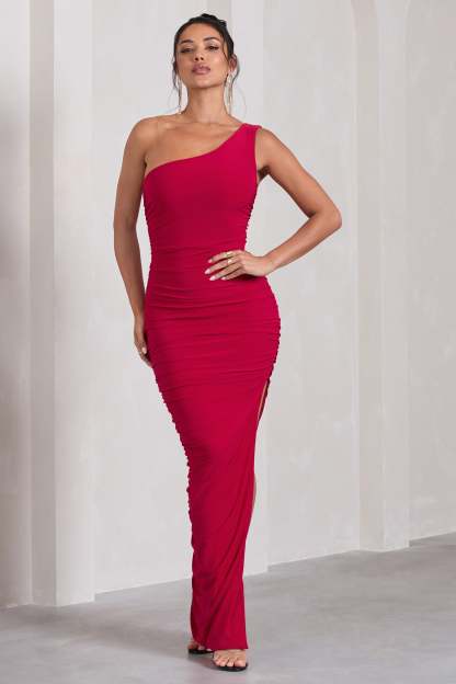 Persia Red One Shoulder Side Split Ruched Maxi Dress-Fashionmomo.All Rights Reserved