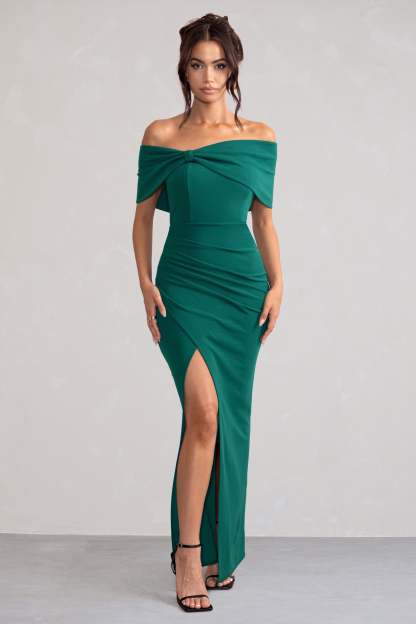 Eva Green Bardot Bow Detail Maxi Dress With Thigh Split-Fashionmomo.All Rights Reserved