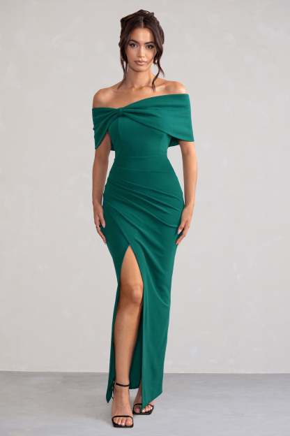 Eva Green Bardot Bow Detail Maxi Dress With Thigh Split-Fashionmomo.All Rights Reserved