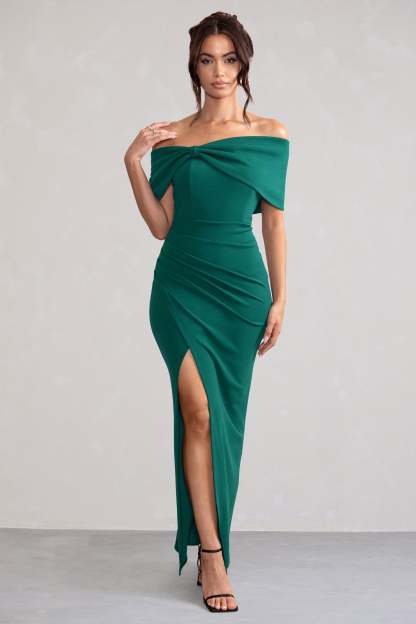 Eva Green Bardot Bow Detail Maxi Dress With Thigh Split-Fashionmomo.All Rights Reserved