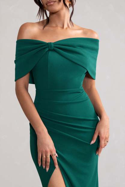 Eva Green Bardot Bow Detail Maxi Dress With Thigh Split-Fashionmomo.All Rights Reserved