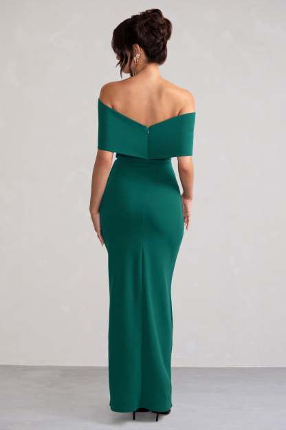Eva Green Bardot Bow Detail Maxi Dress With Thigh Split-Fashionmomo.All Rights Reserved