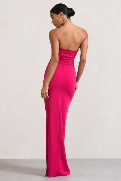 Belle of The Ball Hot Pink Bandeau Maxi Dress With Split Hem-Fashionmomo.All Rights Reserved