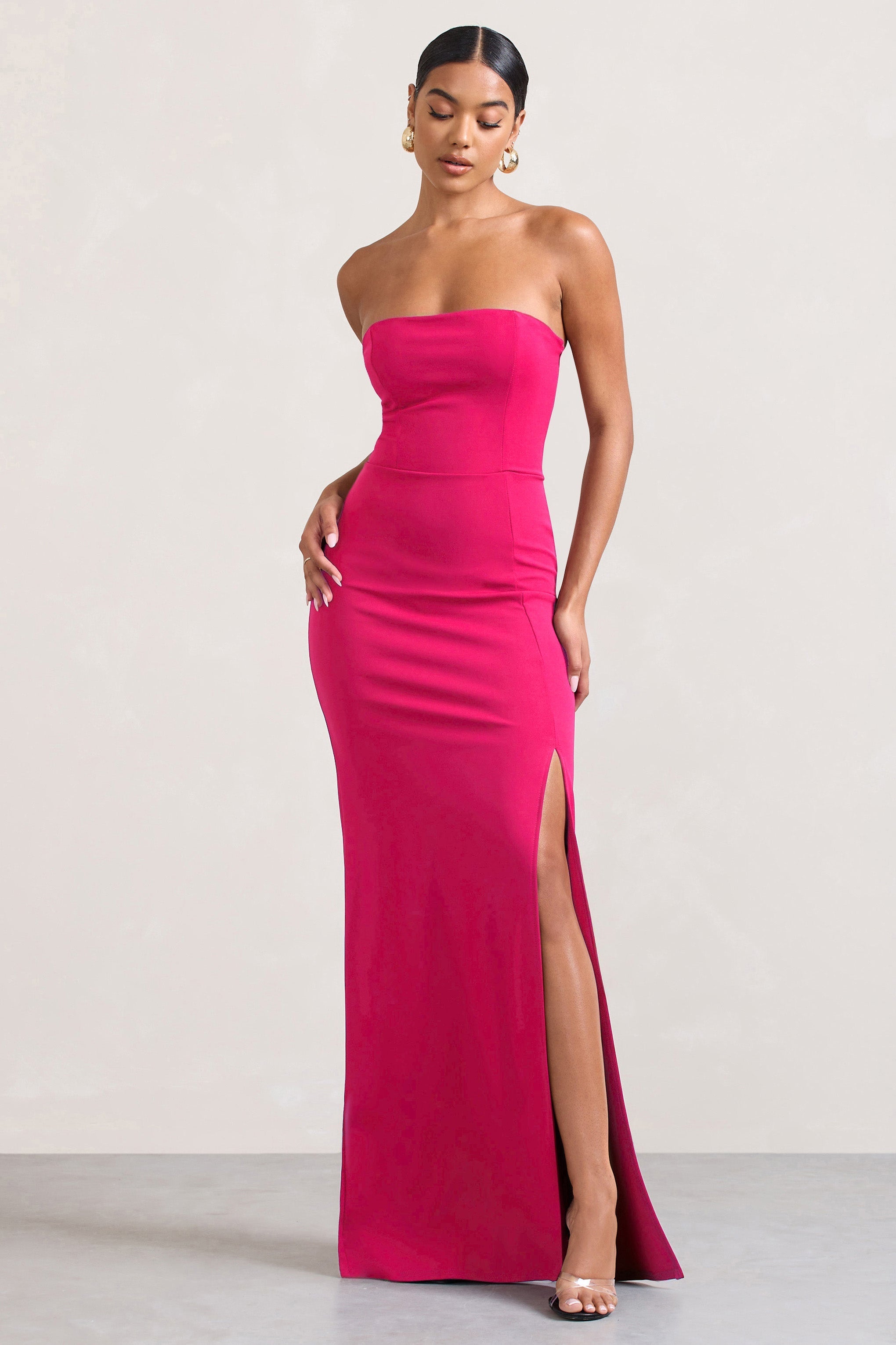 Belle of The Ball Hot Pink Bandeau Maxi Dress With Split Hem-Fashionmomo.All Rights Reserved