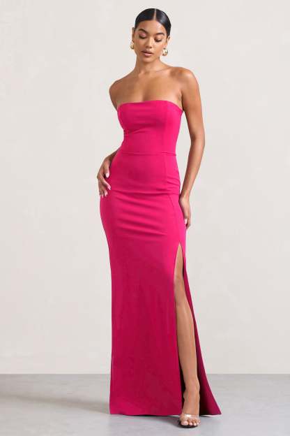 Belle of The Ball Hot Pink Bandeau Maxi Dress With Split Hem-Fashionmomo.All Rights Reserved