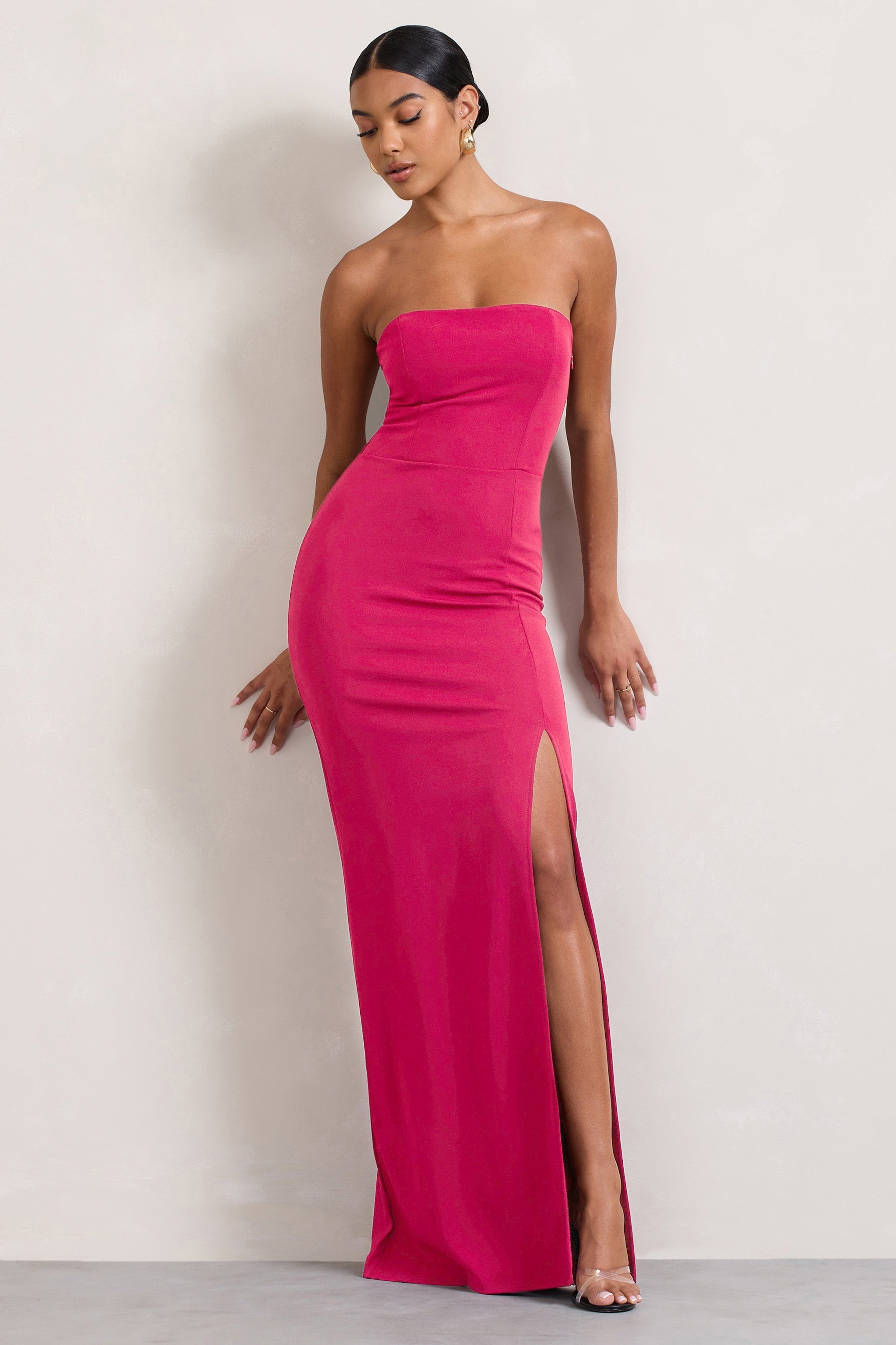Belle of The Ball Hot Pink Bandeau Maxi Dress With Split Hem-Fashionmomo.All Rights Reserved