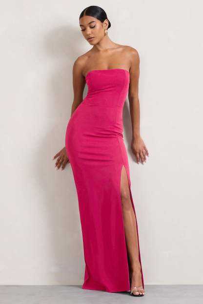 Belle of The Ball Hot Pink Bandeau Maxi Dress With Split Hem-Fashionmomo.All Rights Reserved