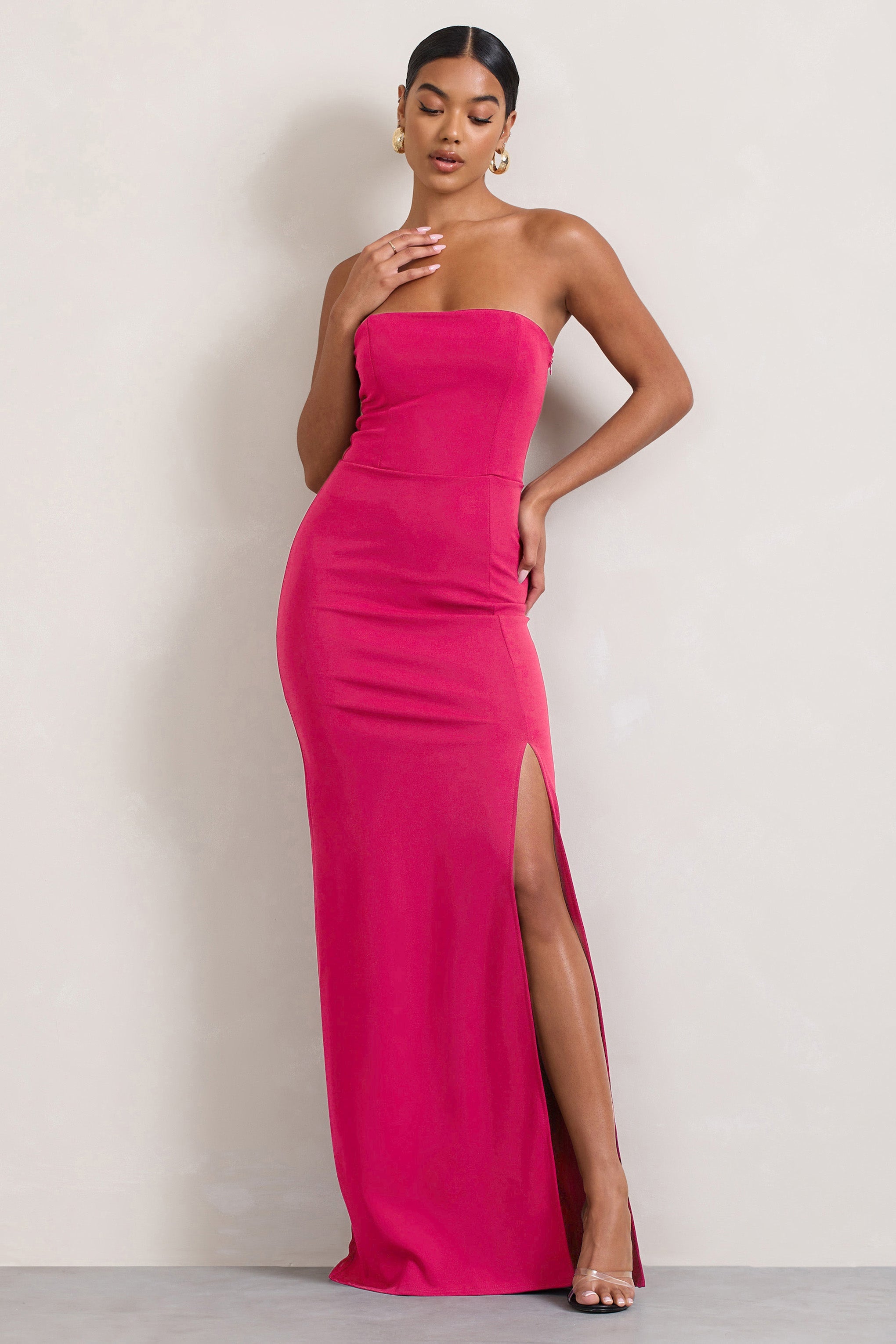 Belle of The Ball Hot Pink Bandeau Maxi Dress With Split Hem-Fashionmomo.All Rights Reserved