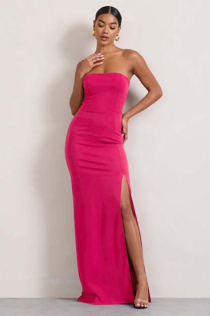 Belle of The Ball Hot Pink Bandeau Maxi Dress With Split Hem-Fashionmomo.All Rights Reserved