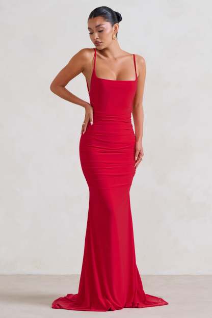 Adele Red Ruched Fishtail Cami Maxi Dress-Fashionmomo.All Rights Reserved