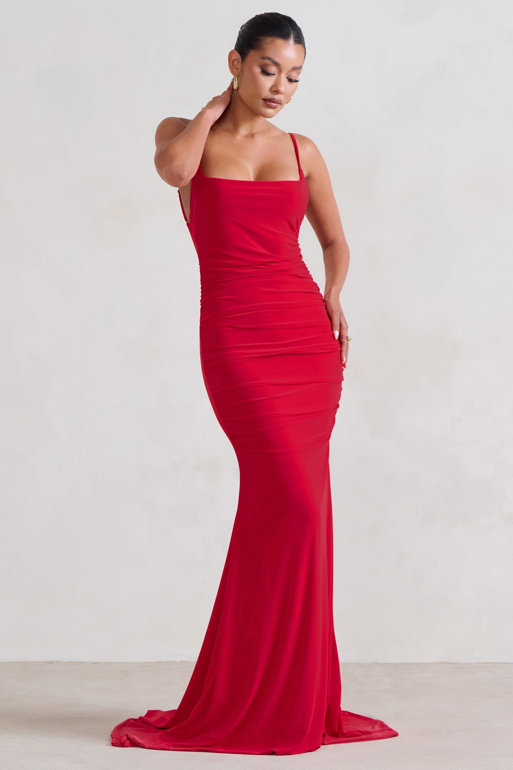 Adele Red Ruched Fishtail Cami Maxi Dress-Fashionmomo.All Rights Reserved