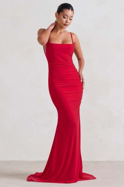 Adele Red Ruched Fishtail Cami Maxi Dress-Fashionmomo.All Rights Reserved